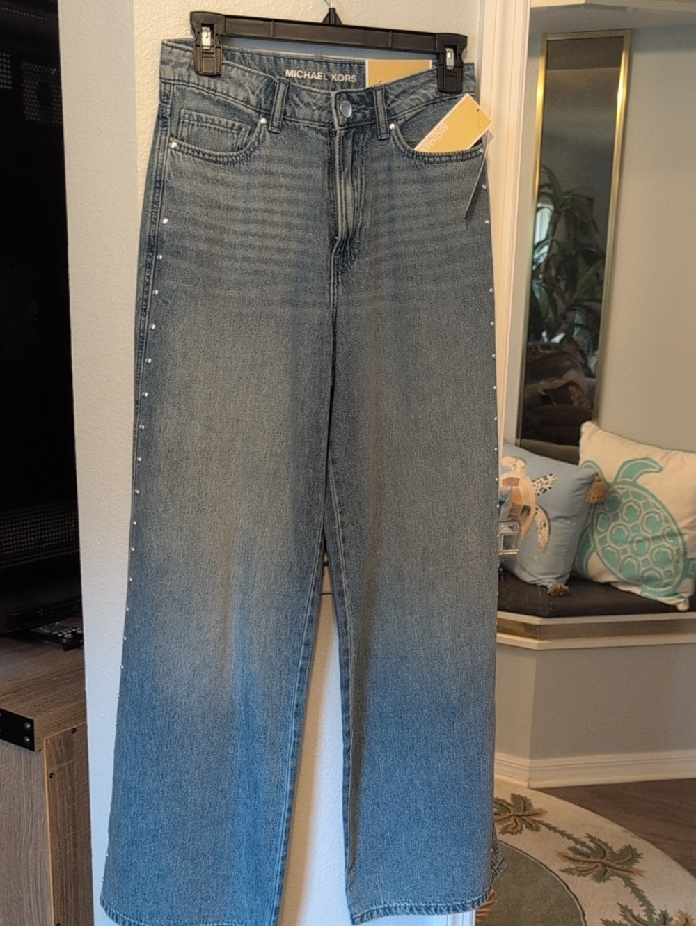 Michael Kors Light Blue Wide-Leg Jeans with Side Studs Brand New